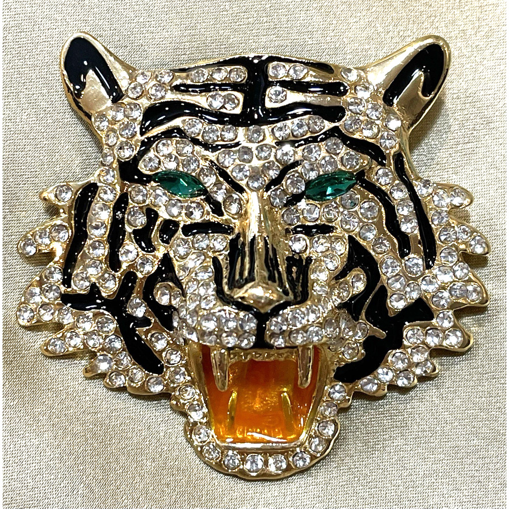 NWOT Tiger Head Brooch Pin Gold Tone Green Eyes Rhinestone Enamel Crystal